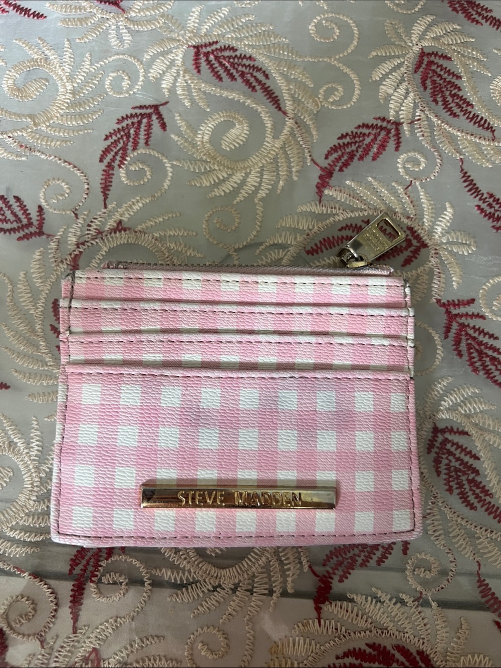 Steve Madden Pink & White Gingham Card Holder with Gold Accent